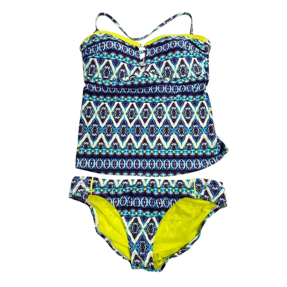 Jessica Simpson Tankini Swimsuit Set L Blue Tribal‎ Print Bandeau Boho Resort